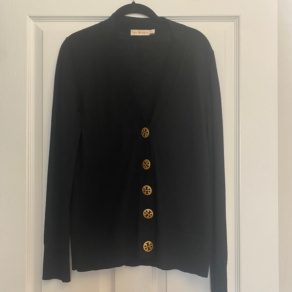 Tory Burch Simone Cardigan in Black with Matte Gold Logo Buttons